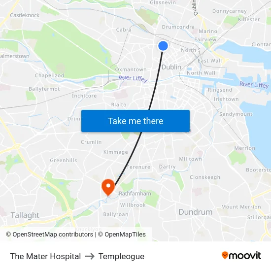 The Mater Hospital to Templeogue map
