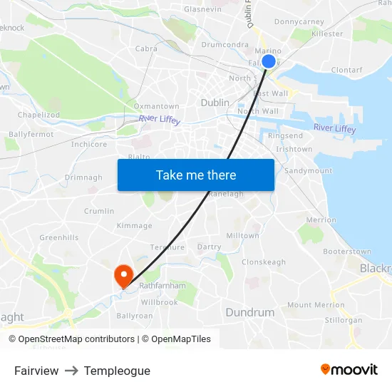 Fairview to Templeogue map