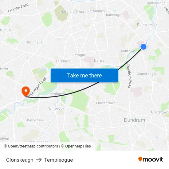 Clonskeagh to Templeogue map