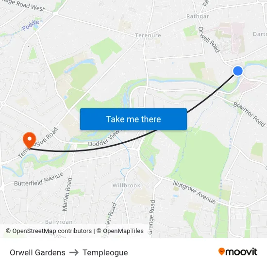 Orwell Gardens to Templeogue map