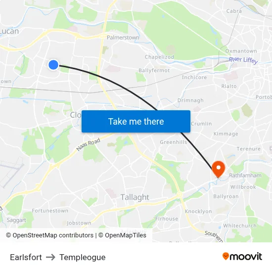 Earlsfort to Templeogue map