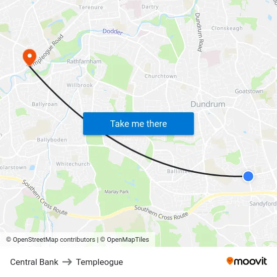 Central Bank to Templeogue map