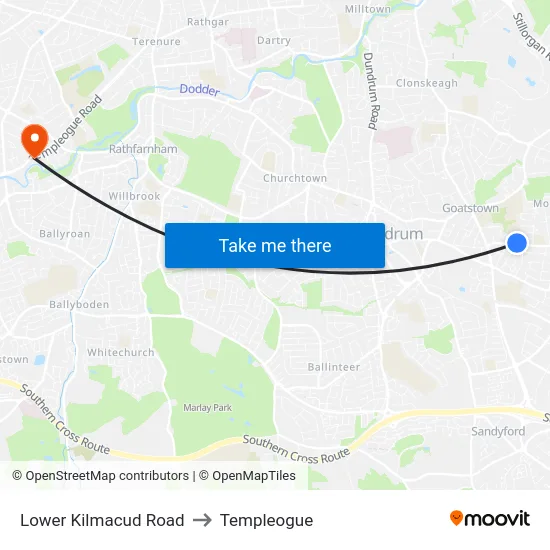 Lower Kilmacud Road to Templeogue map