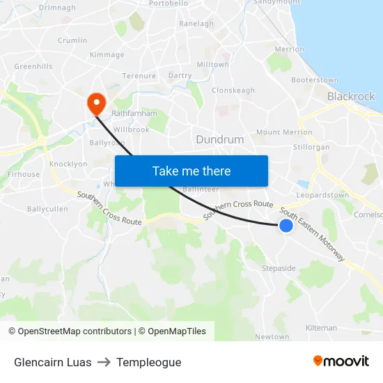 Glencairn Luas to Templeogue map
