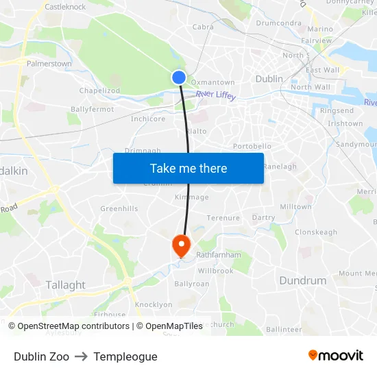 Dublin Zoo to Templeogue map