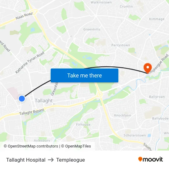 Tallaght Hospital to Templeogue map