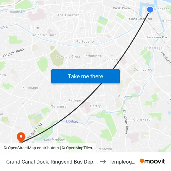 Grand Canal Dock, Ringsend Bus Depot to Templeogue map