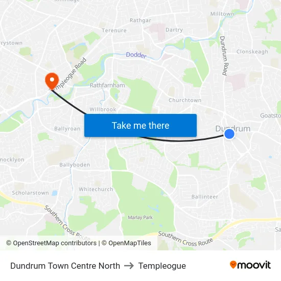 Dundrum Town Centre North to Templeogue map