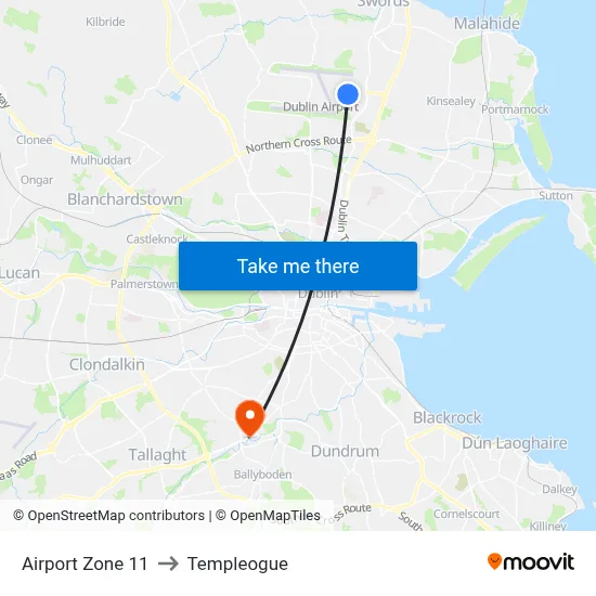Airport Zone 11 to Templeogue map