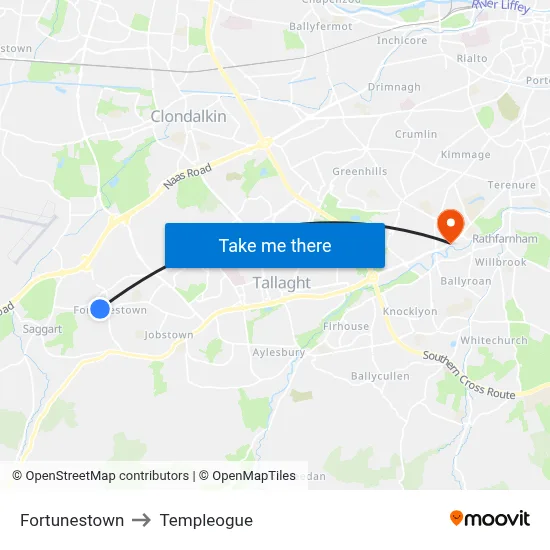 Fortunestown to Templeogue map
