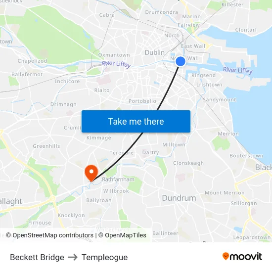 Beckett Bridge to Templeogue map
