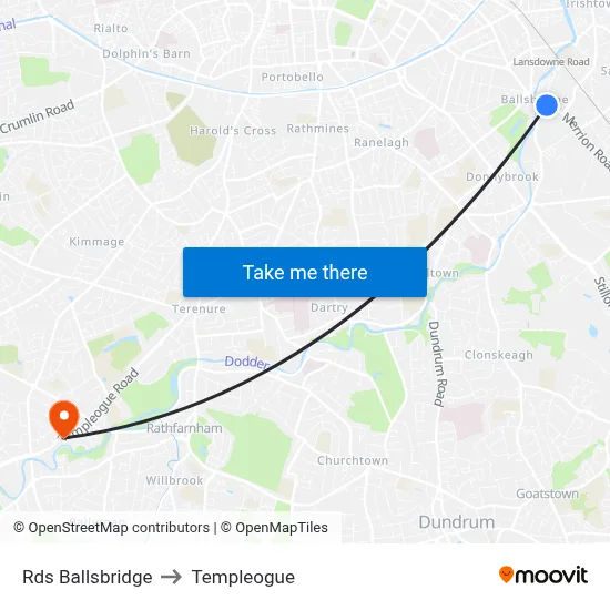 Rds Ballsbridge to Templeogue map