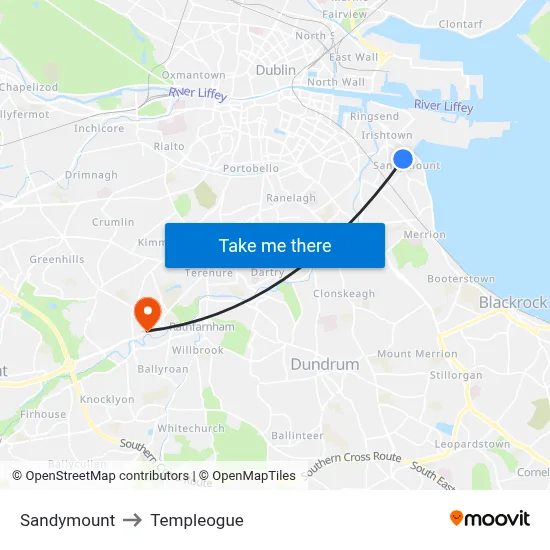 Sandymount to Templeogue map