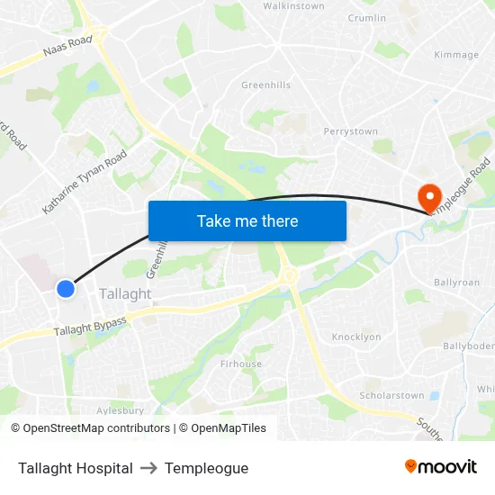 Tallaght Hospital to Templeogue map