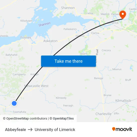 Abbeyfeale to University of Limerick map