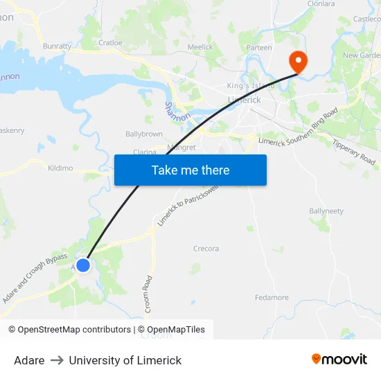 Adare to University of Limerick map