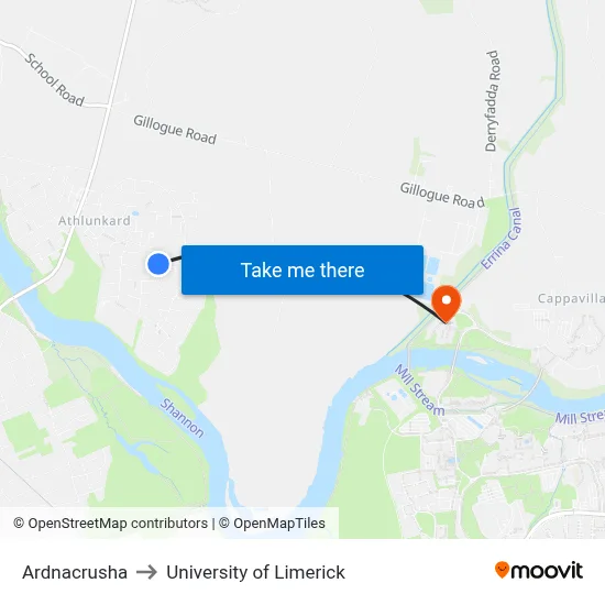Ardnacrusha to University of Limerick map