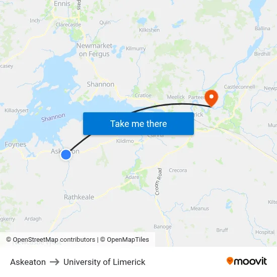 Askeaton to University of Limerick map