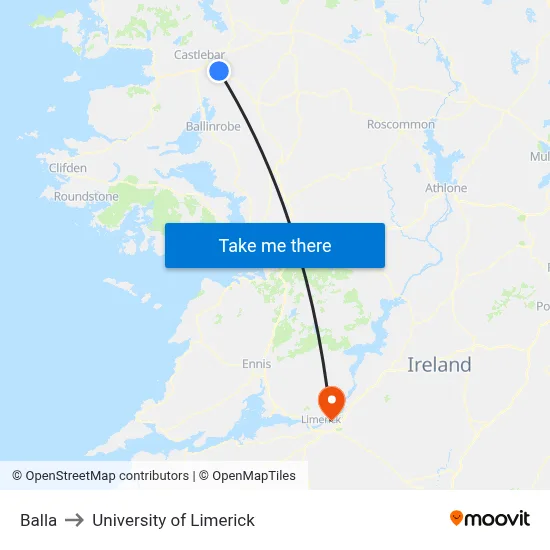Balla to University of Limerick map