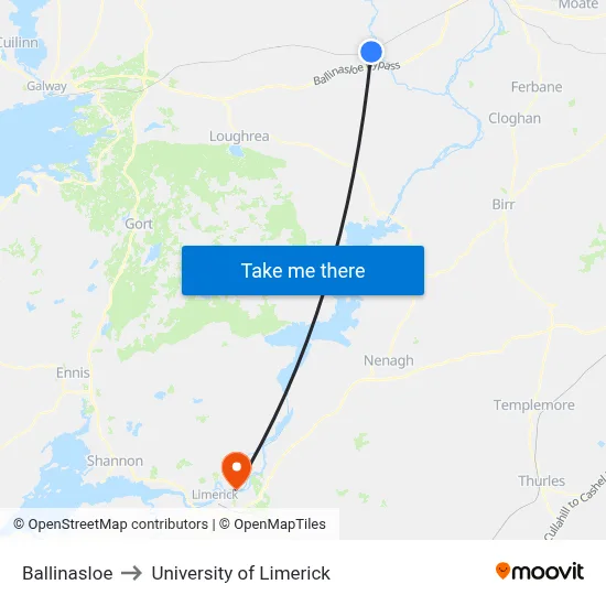 Ballinasloe to University of Limerick map