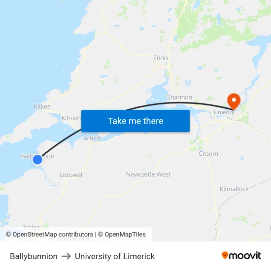Ballybunnion to University of Limerick map