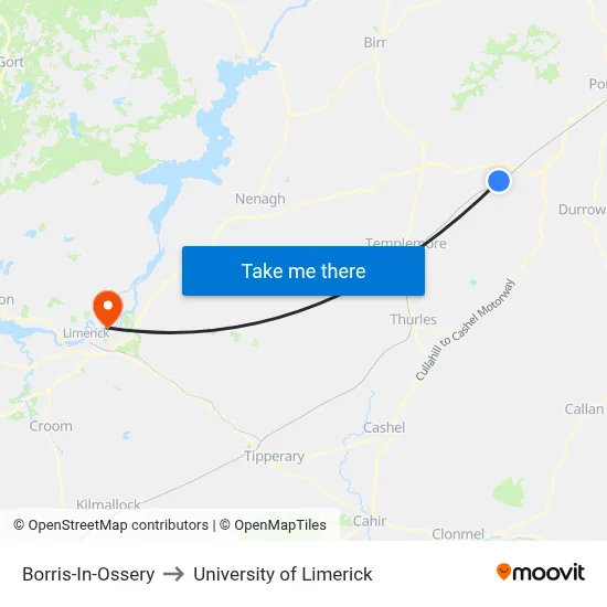 Borris-In-Ossery to University of Limerick map