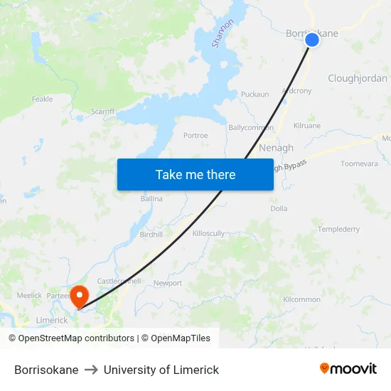 Borrisokane to University of Limerick map