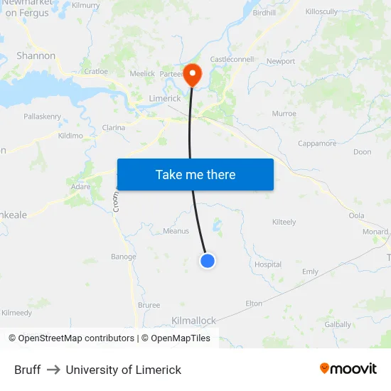 Bruff to University of Limerick map
