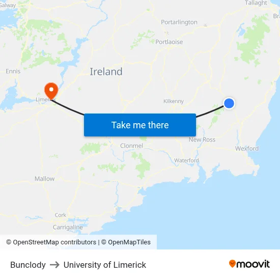 Bunclody to University of Limerick map