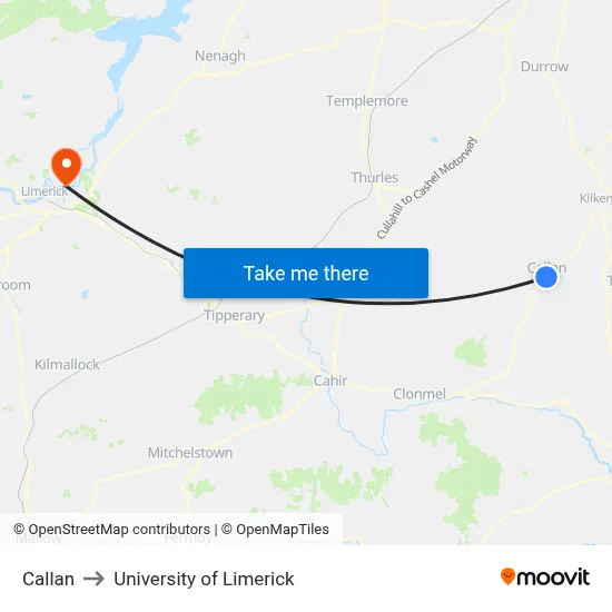 Callan to University of Limerick map