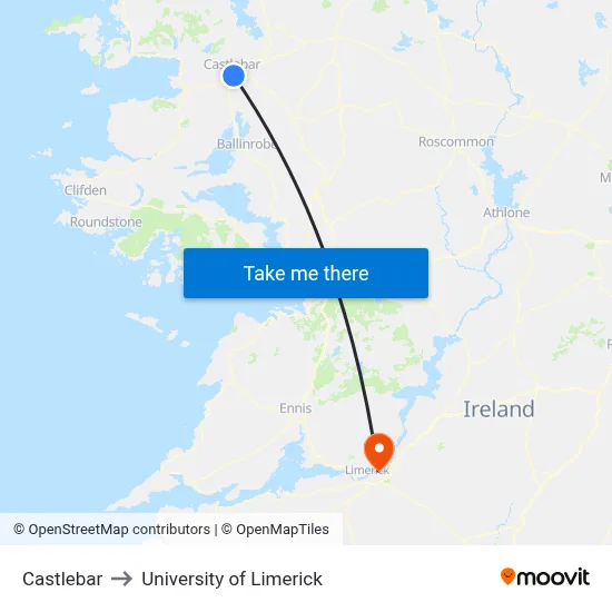 Castlebar to University of Limerick map