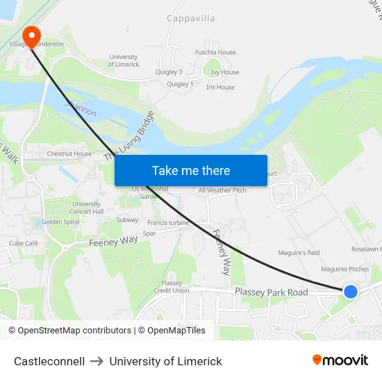 Castleconnell to University of Limerick map