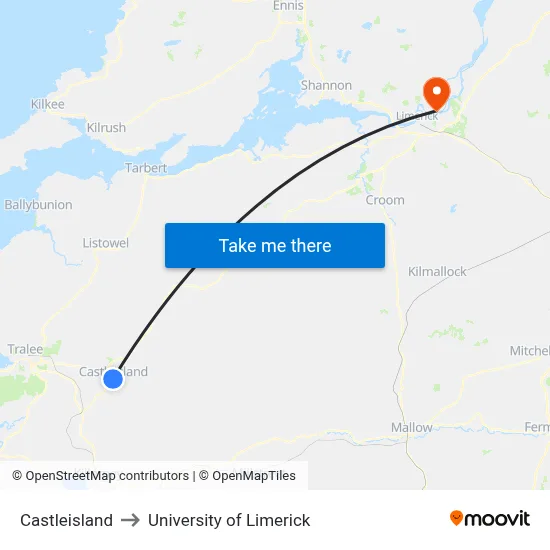 Castleisland to University of Limerick map