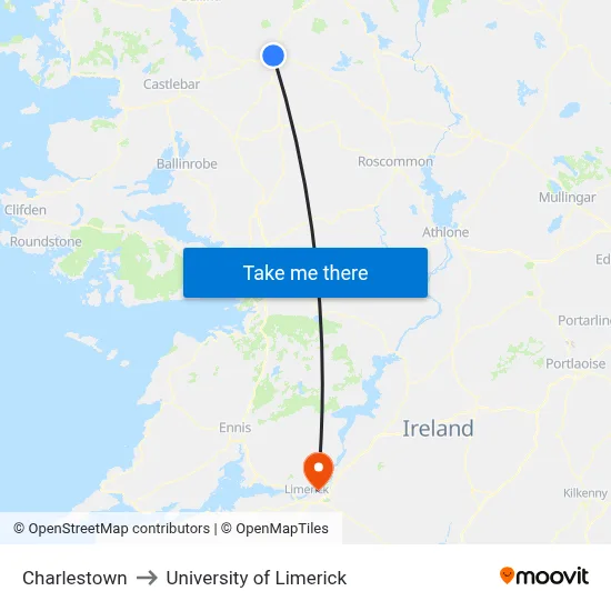 Charlestown to University of Limerick map