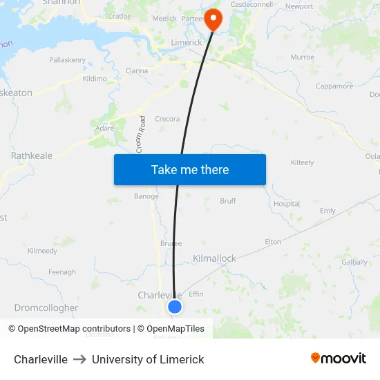 Charleville to University of Limerick map