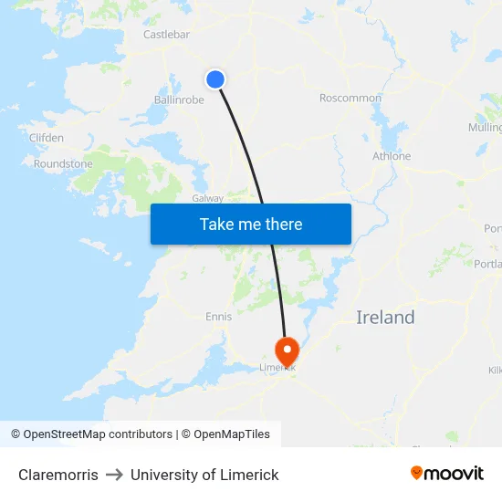 Claremorris to University of Limerick map
