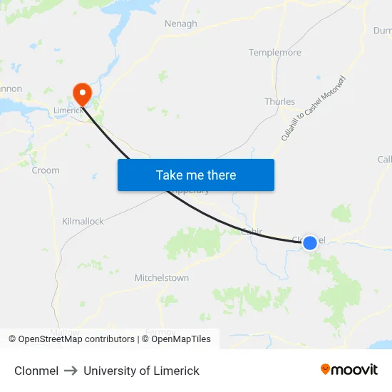 Clonmel to University of Limerick map