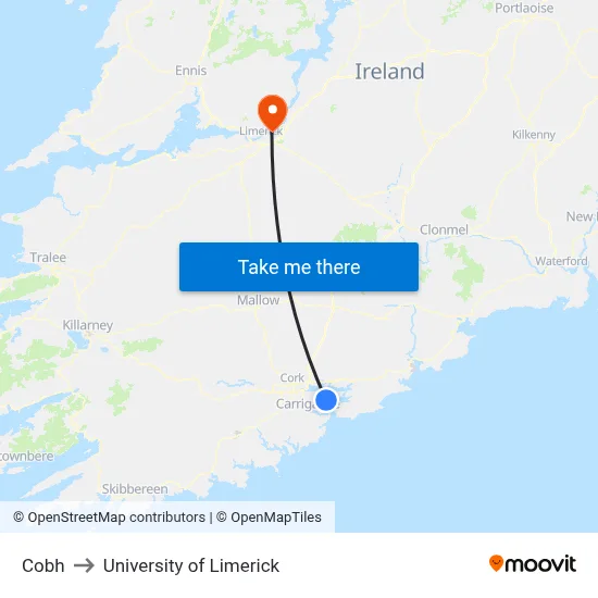 Cobh to University of Limerick map