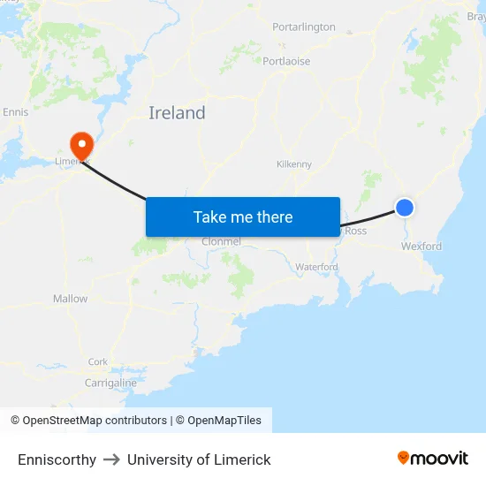 Enniscorthy to University of Limerick map