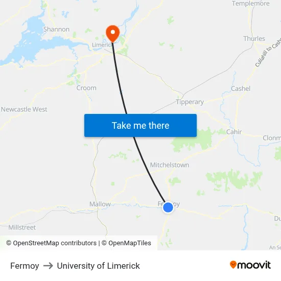 Fermoy to University of Limerick map