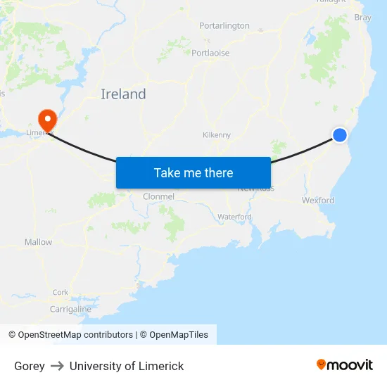 Gorey to University of Limerick map