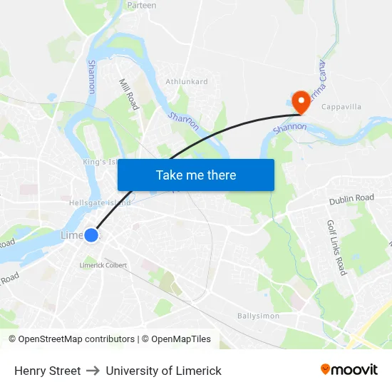 Henry Street to University of Limerick map