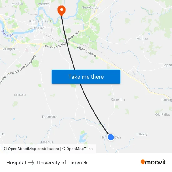 Hospital to University of Limerick map