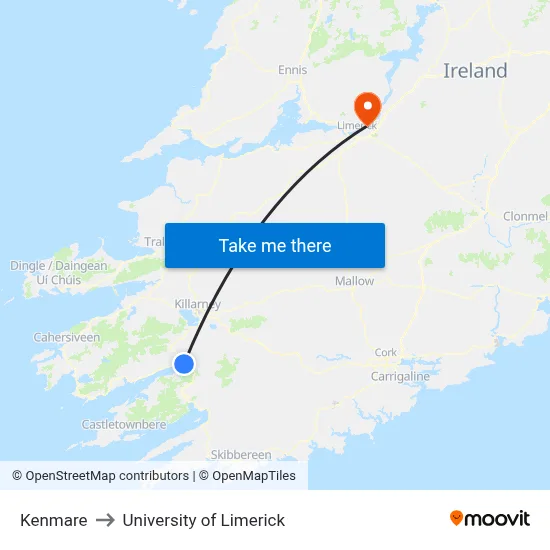 Kenmare to University of Limerick map