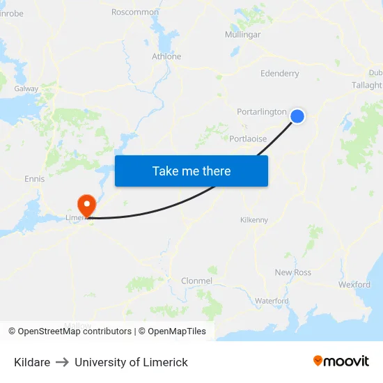 Kildare to University of Limerick map
