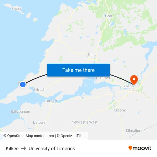 Kilkee to University of Limerick map
