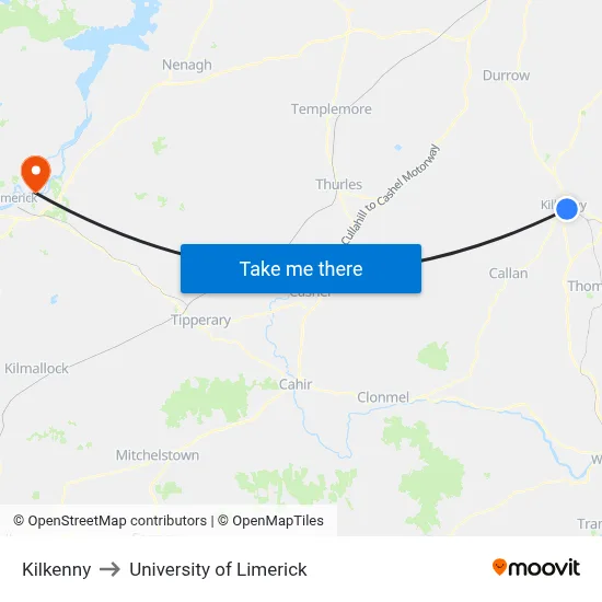 Kilkenny to University of Limerick map