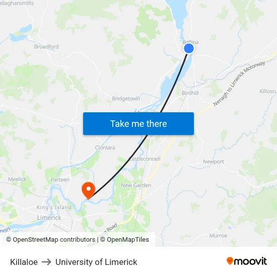 Killaloe to University of Limerick map