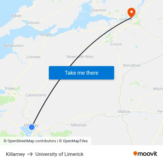 Killarney to University of Limerick map