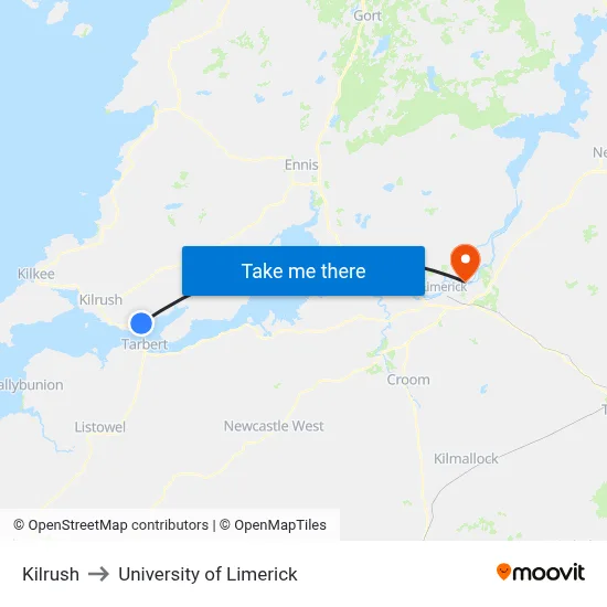 Kilrush to University of Limerick map